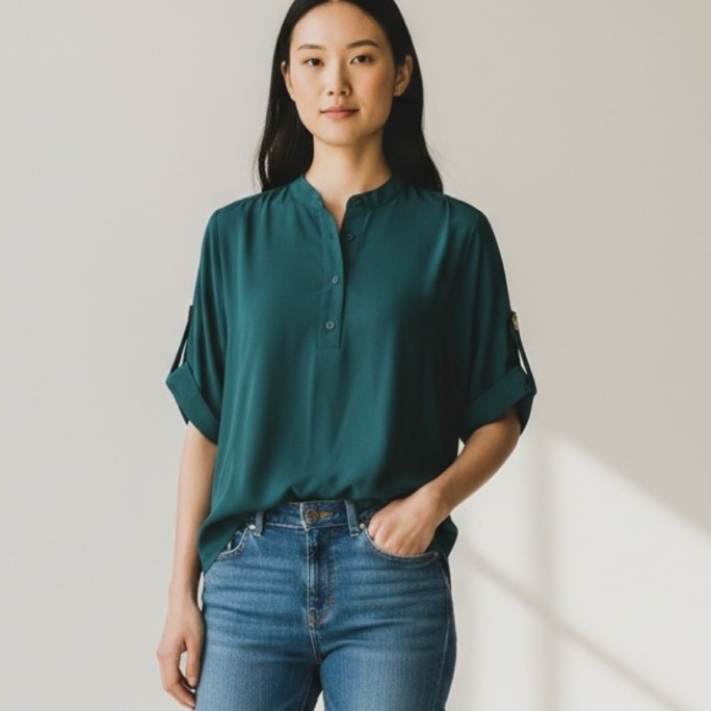 NWT Michael Kors Atlantic Blue Roll Tab Blouse Petite Large Gold MK Hardware